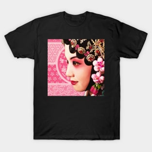 Chinese Opera Star with Blush Pink Traditional Pattern- Hong Kong Retro T-Shirt